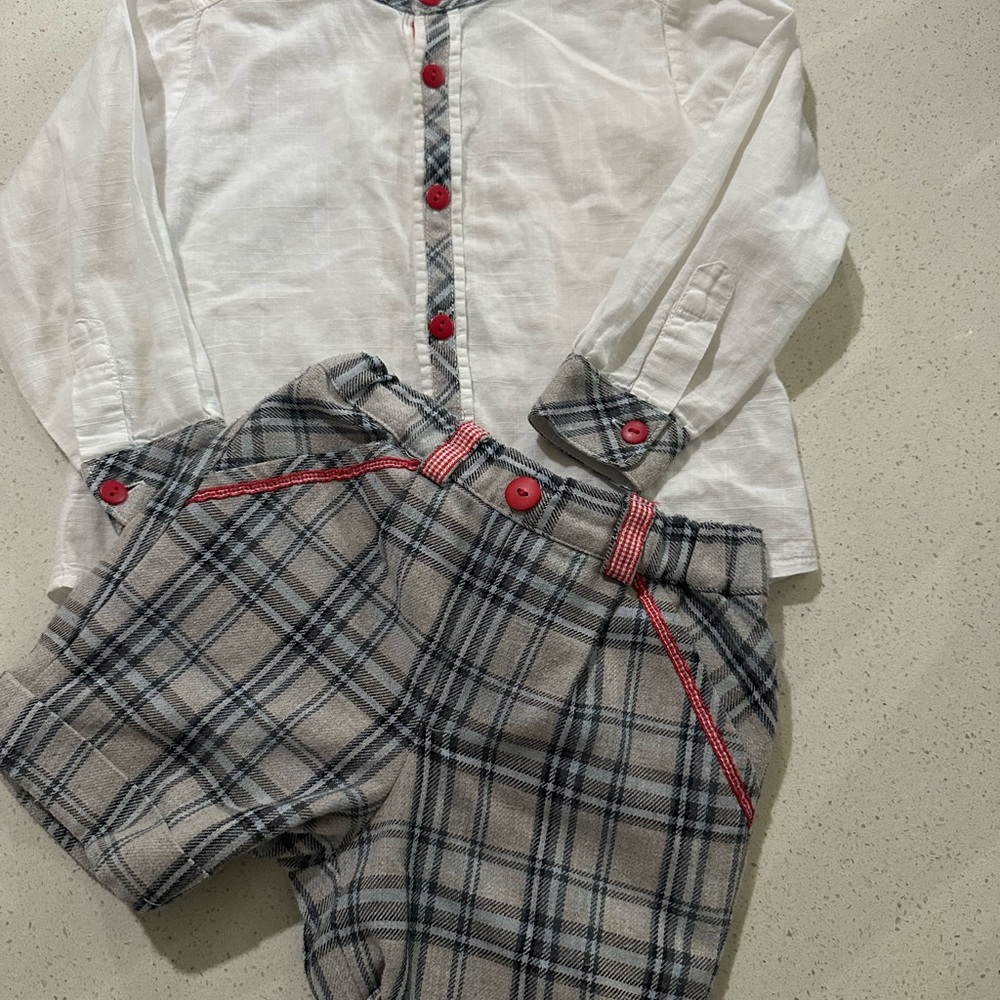 L&B White Shirt with Red Buttons and Plaid Trim